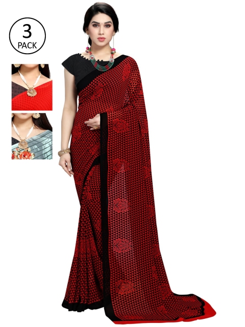 

KALINI Green & Red Pack of 3 Printed Sarees