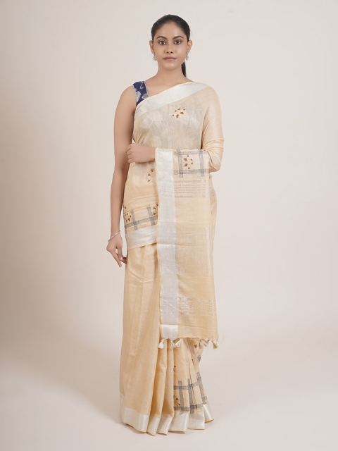 

Pothys Cream-Coloured & Brown Embellished Zari Linen Blend Saree