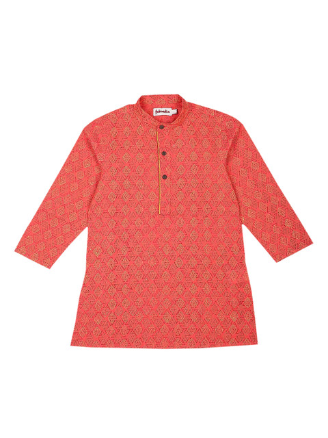 

Fabindia Boys Coral Red & Beige Ethnic Motifs Print Cotton A-Line Kurta