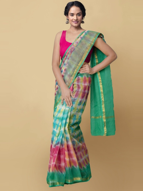 

Unnati Silks Green & Pink Leheriya Zari Pure Cotton Kota Sustainable Saree