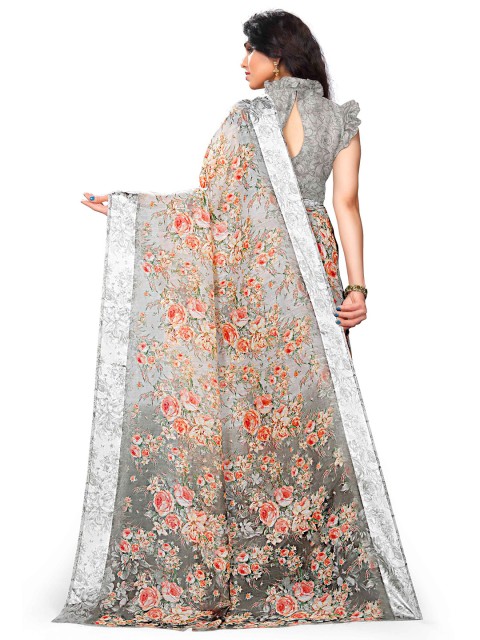

KALINI Grey & Orange Floral Bagh Saree