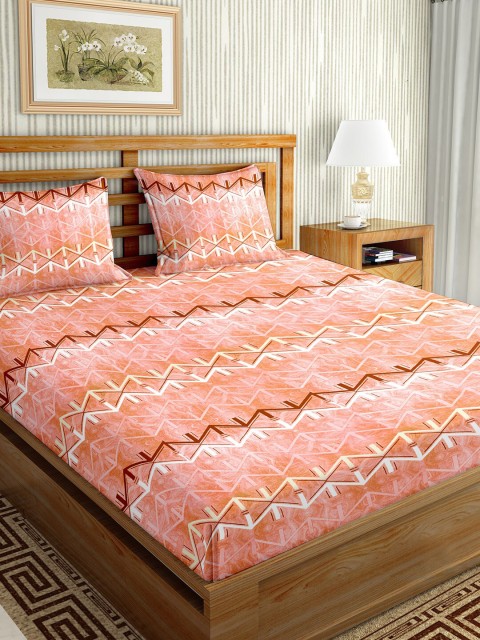 

BELLA CASA Orange & Brown Striped 180 TC King Bedsheet with 2 Pillow Covers