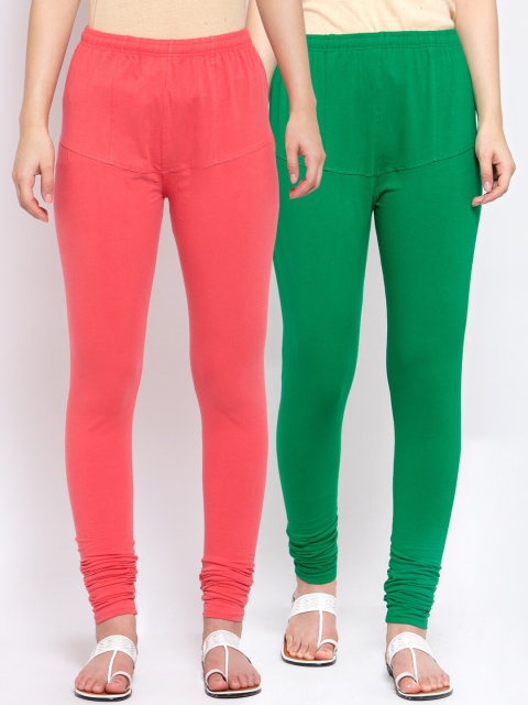 

KLOTTHE Women Pack of 2 Peach Coloured & Green Cotton Churidar-Length Leggings
