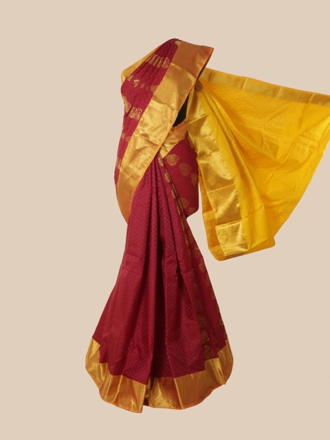 

Pothys Maroon & Gold-Toned Ethnic Motifs Zari Pure Silk Kanjeevaram Saree