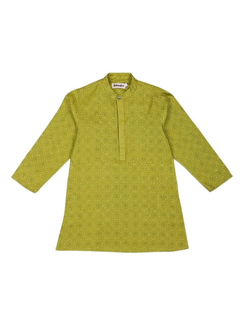 

Fabindia Boys Green & Silver Geometric Print A-Line Kurta