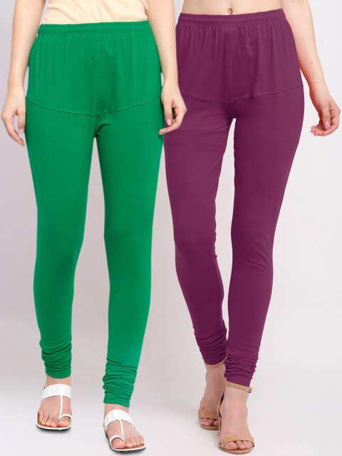 

KLOTTHE Women Pack of 2 Purple & Green Cotton Churidar-Length Leggings