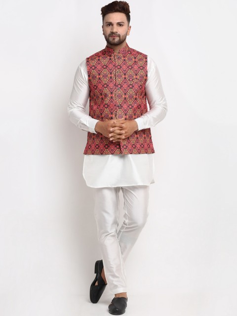 

Benstoke Men White Solid Dupion Silk Kurta with Pyjamas with nehru jacket