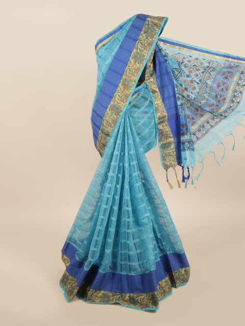 

Pothys Blue & White Striped Saree with Printed Detail