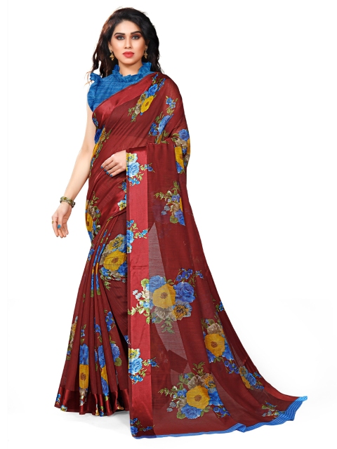 

KALINI Red & Blue Floral Printed Zari Bagh Saree