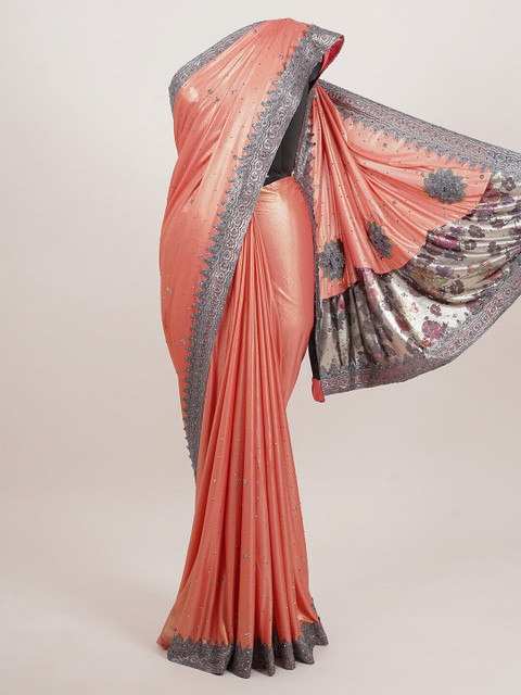 

Pothys Peach-Coloured & Grey Floral Beads and Stones Art Silk Saree