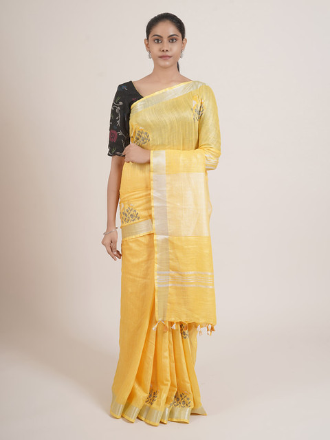 

Pothys Yellow & Silver-Coloured Floral Linen Blend Saree