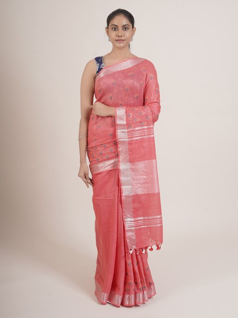 

Pothys Pink & Silver-Toned Floral Linen Blend Saree