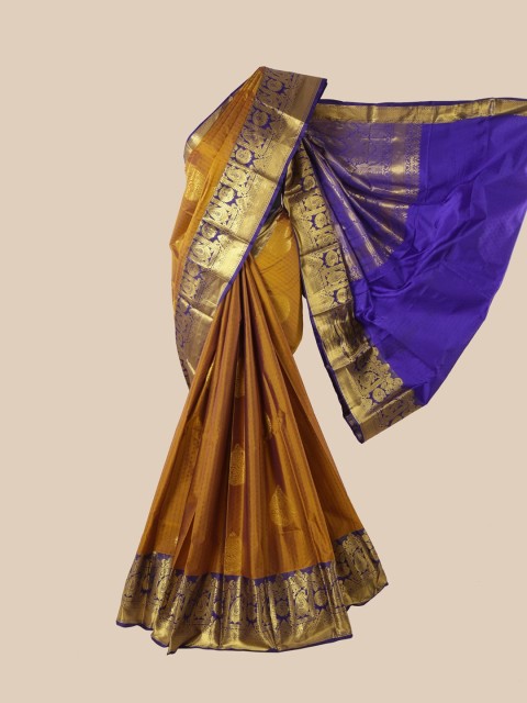 

Pothys Mustard & Blue Ethnic Motifs Zari Pure Silk Kanjeevaram Saree
