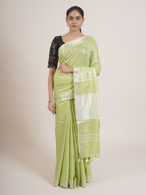 

Pothys Green & Silver-Toned Embellished Mirror Work Linen Blend Saree