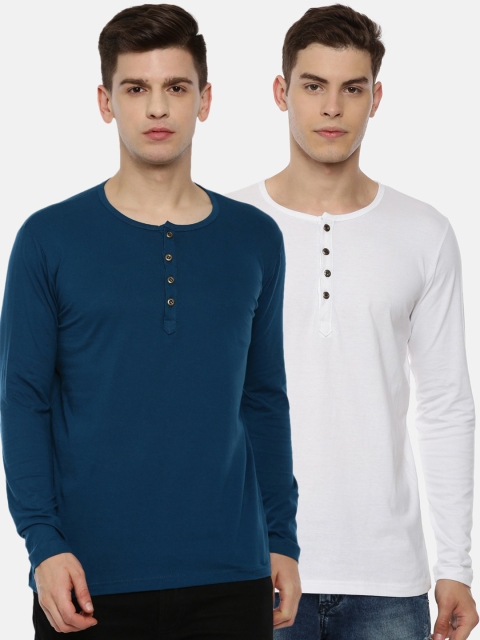 

KAY DEE Men Pack Of 2 Pure Cotton Henley Neck Slim Fit Pure Cotton T-shirt, White