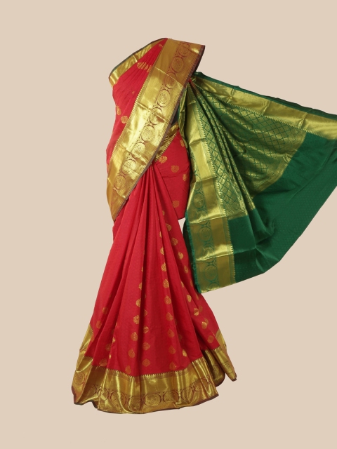 

Pothys Red & Green Ethnic Motifs Zari Pure Silk Kanjeevaram Saree