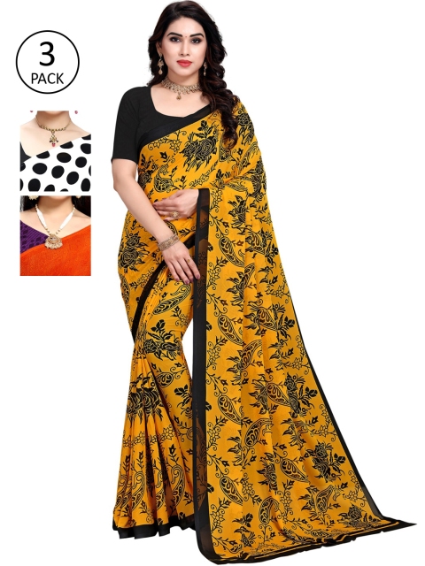 

KALINI Pack of 3 Printed Poly Georgette Sarees, Mustard