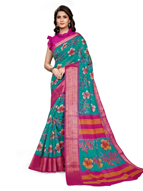 

KALINI Teal & Pink Floral Zari Bagh Saree