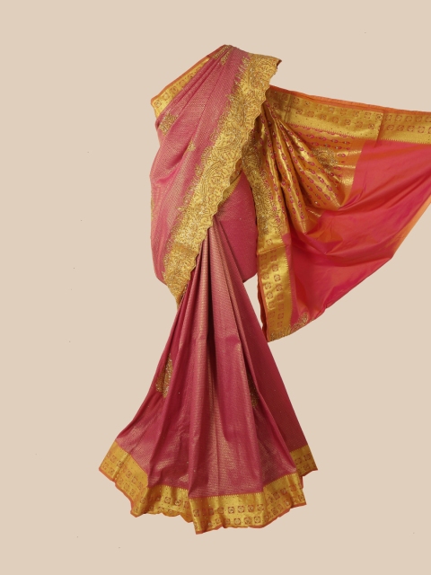 

Pothys Pink & Gold-Toned Woven Design Beads and Stones Pure Silk Heavy Work Kanjeevaram Saree