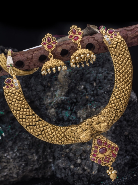 

Alankruthi Gold-Plated Maroon & White Stone-Studded & Beaded Temple Jewellery Set