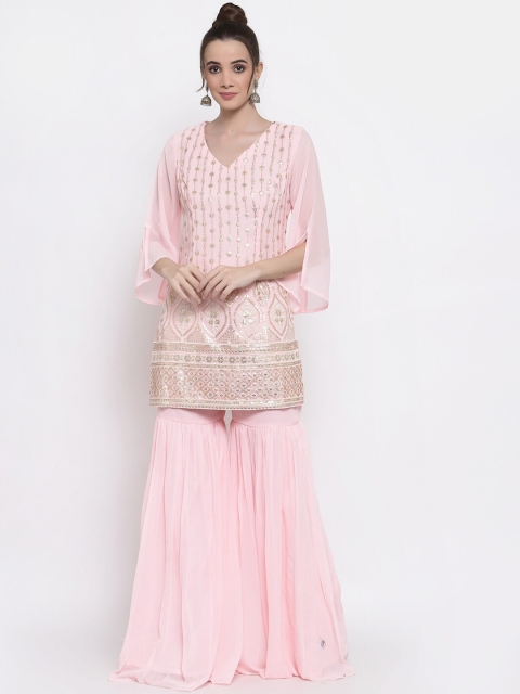 

KHALOM Women Pink Yoke Design Kurta with Sharara & Dupatta