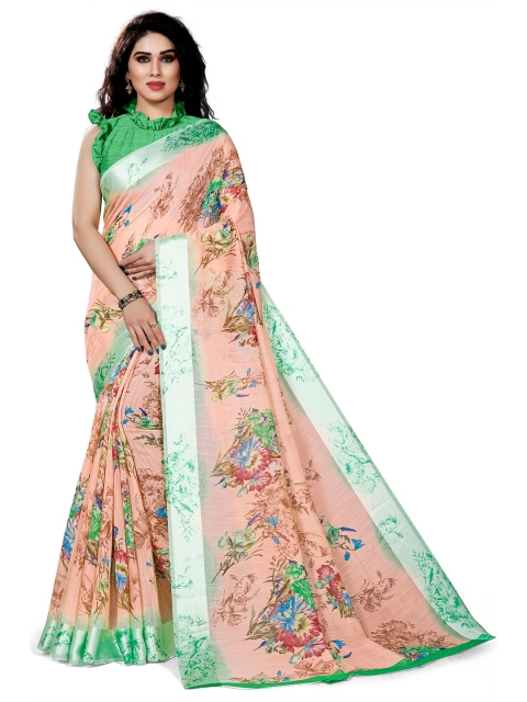 

KALINI Peach-Coloured & Green Floral Printed Zari Bagh Saree