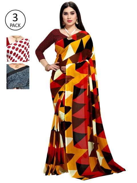 

KALINI Pack of 3 Poly Georgette Sarees, White