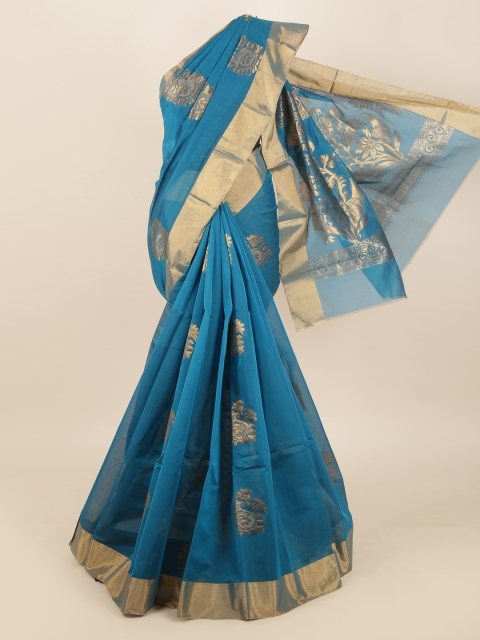 

Pothys Turquoise Blue & Gold-Toned Floral Silk Cotton Saree