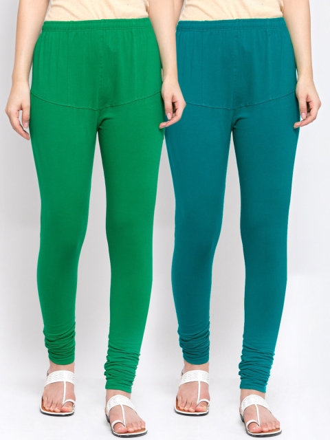 

KLOTTHE Women Pack of 2 Teal & Green Solid Cotton Churidar-Length Leggings