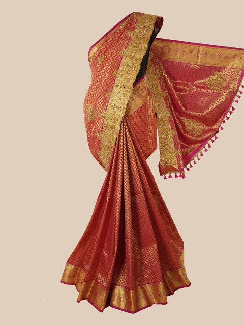 

Pothys Pink & Gold-Toned Floral Beads and Stones Pure Silk Kanjeevaram Saree
