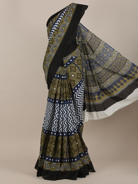 

Pothys Women Olive Green & Black Jaipur Cotton Printed Saree