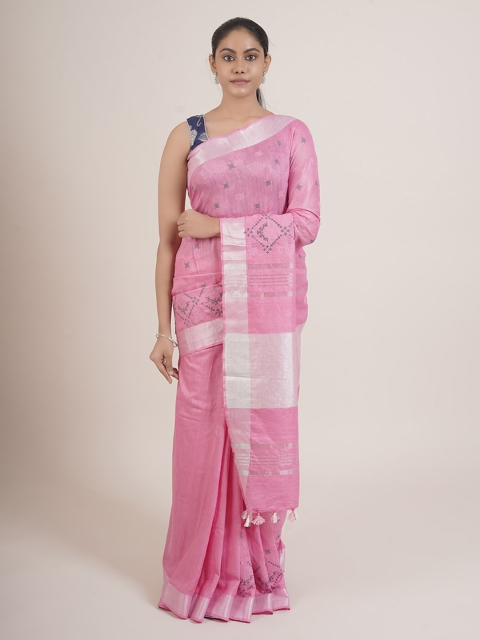 

Pothys Pink & Black Ethnic Motifs Linen Blend Saree
