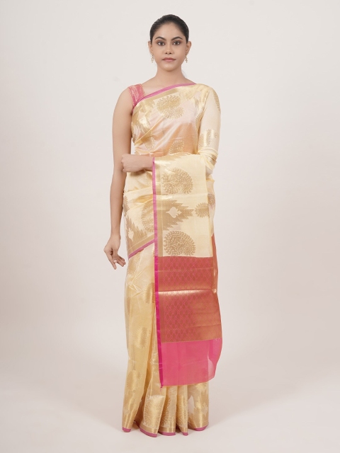 

Pothys Cream-Coloured & Pink Paisley Zari Tissue Saree