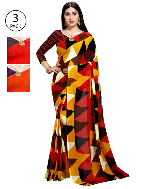 

KALINI Women Pack of 3 Multicolor Georgette Printed Daily Wear Saree, Red
