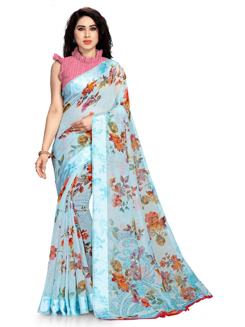 

KALINI Women Blue & Orange Floral Printed Saree