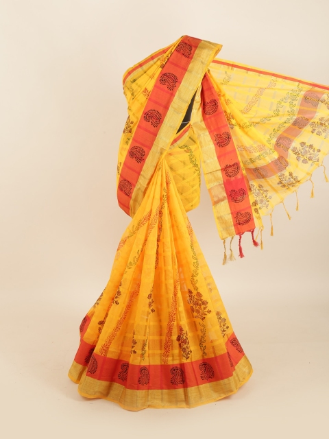 

Pothys Yellow & Orange Paisley Hand Print Zari Saree