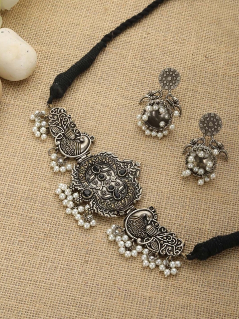 

Priyaasi Silver-Plated White & Black Stone-Studded & Beaded Handcrafted Jewellery Set