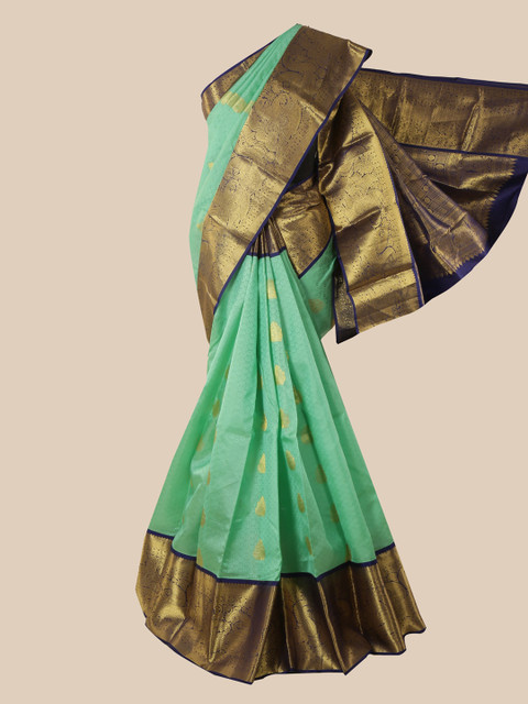

Pothys Green & Gold-Toned Ethnic Motifs Zari Pure Silk Kanjeevaram Saree
