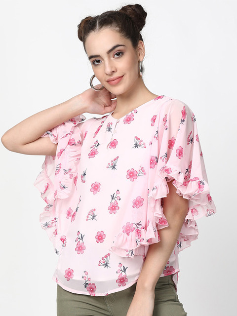 

V2 Value & Variety Pink Floral Flutter Sleeve Georgette Kaftan Top