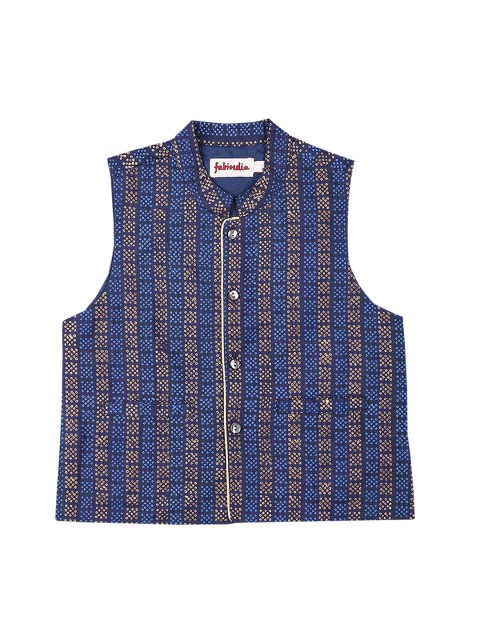 

Fabindia Boys Blue & Gold Coloured Woven-Design Nehru Jacket