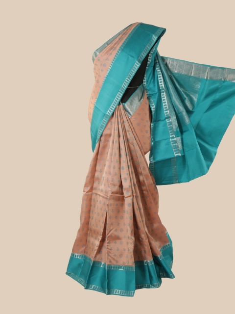 

Pothys Peach-Coloured & Blue Ethnic Motifs Zari Pure Silk Kanjeevaram Saree