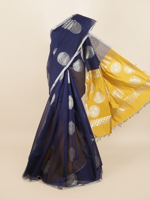 

Pothys Navy Blue & Yellow Ethnic Motifs Zari Silk Cotton Saree