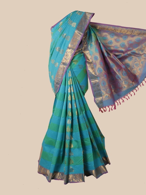 

Pothys Blue & Purple Ethnic Motifs Beads and Stones Pure Silk Kanjeevaram Saree