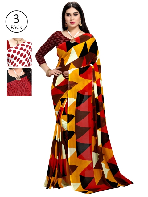 

KALINI Pack Of 3 Printed Poly Georgette Sarees, Red