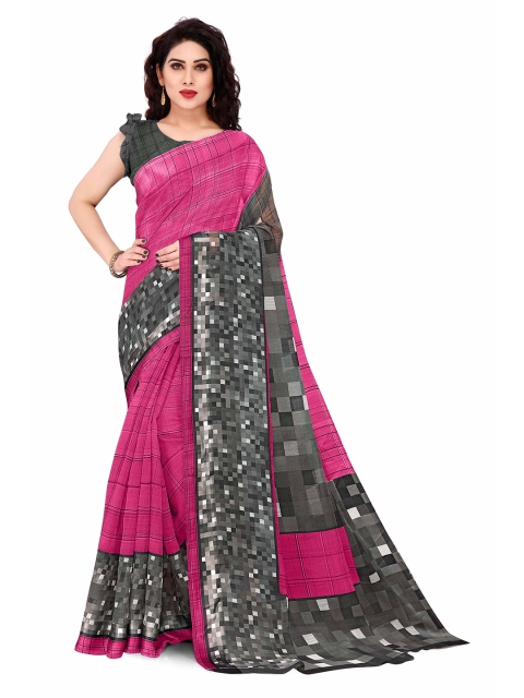 

KALINI Pink & Black Checked Block Print Saree