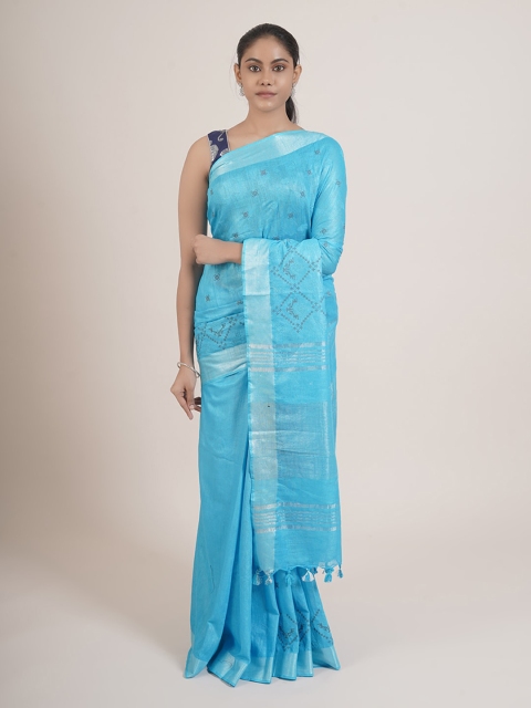 

Pothys Blue & Black Zari Linen Blend Saree