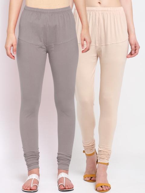 KLOTTHE Women Pack Of 2 Churidar-Length Cotton Leggings, Grey