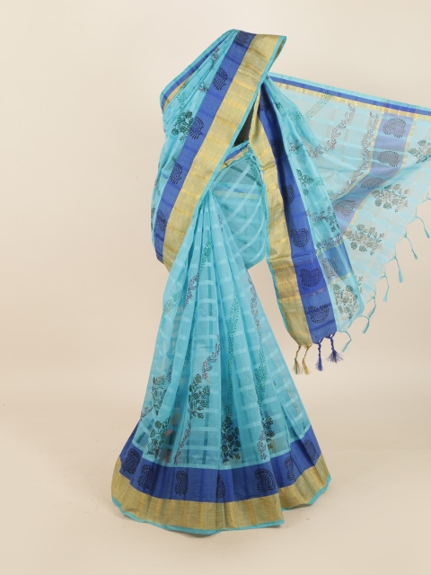 

Pothys Blue & Gold-Toned Checked Cotton Blend Saree