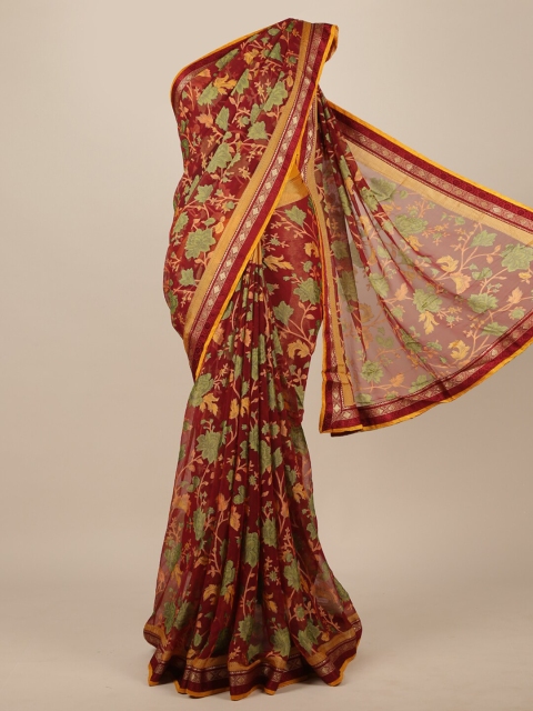 

Pothys Maroon & Green Floral Zari Poly Chiffon Saree