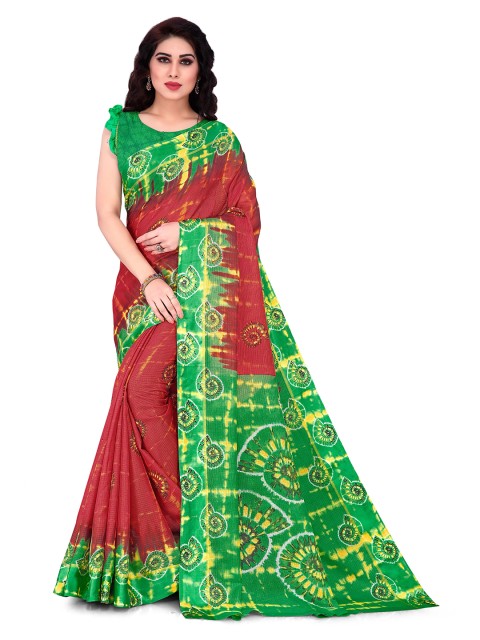 

KALINI Red & Green Tie and Dye Supernet Saree
